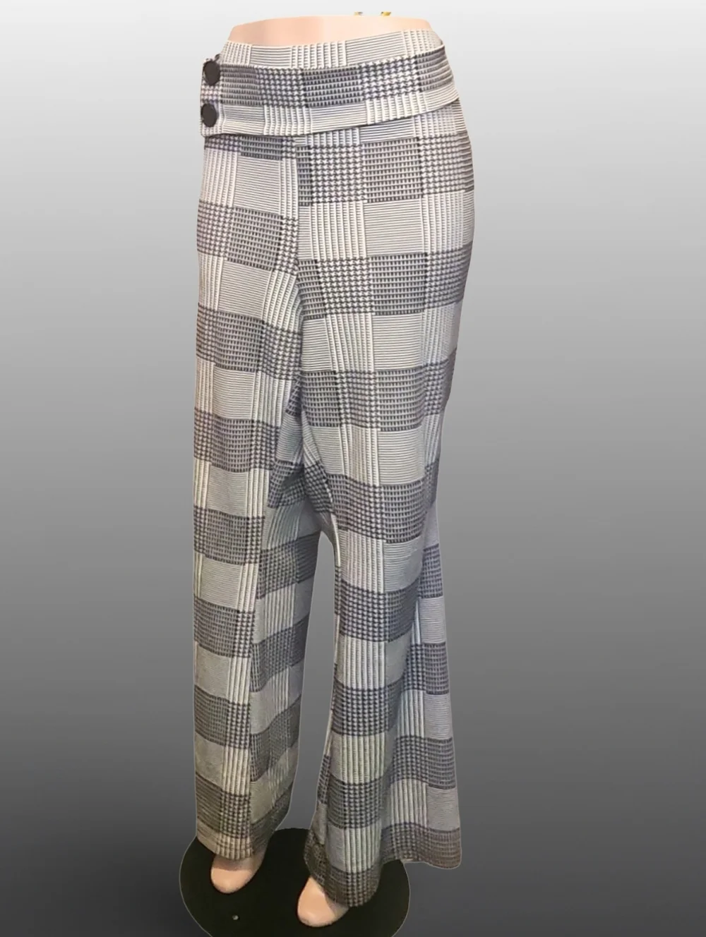 SHEIN Gray White Plaid Wide-Leg Dress Pants Button Accents Stretch Casual Plus - Picture 1 of 7